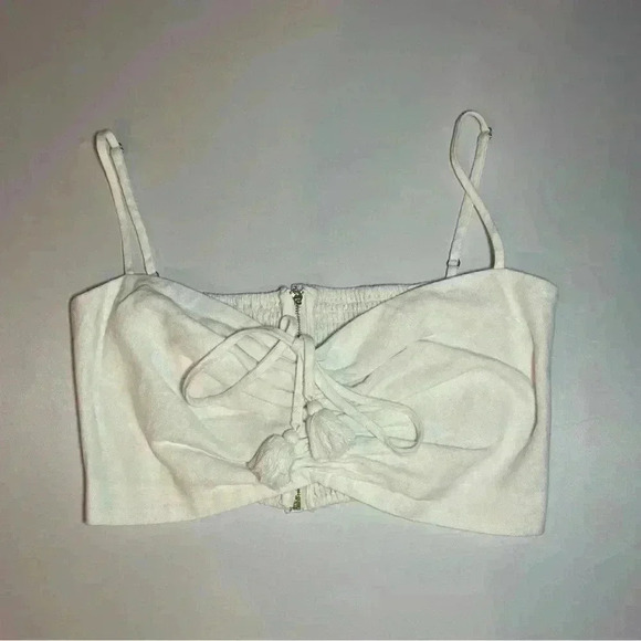 Cara Cara White Linen Crop Top M Maidstone Cami Strappy Tank Ruched Tie Sinched - Picture 10 of 15